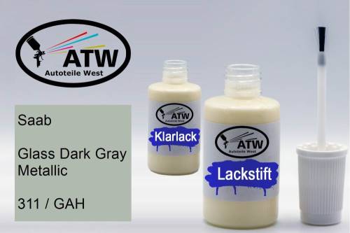 Saab, Glass Dark Gray Metallic, 311 / GAH: 20ml Lackstift + 20ml Klarlack - Set, von ATW Autoteile West.